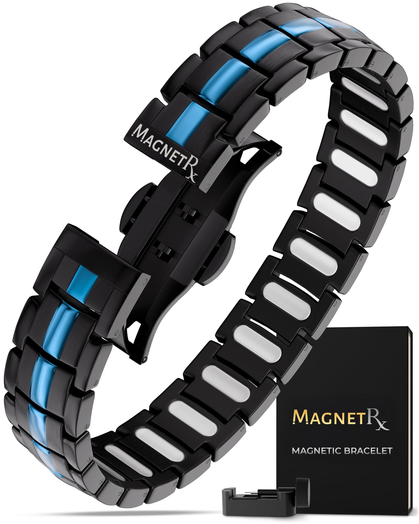 MagnetRX® Magnetic Bracelets for Men - EllipseMAX 5X Strength 5,000 Gauss Magnets - Designed in USA & Patent Pending - Premium Titanium Mens Magnetic Bracelet & Adjustable Length (Black & Blue Line)