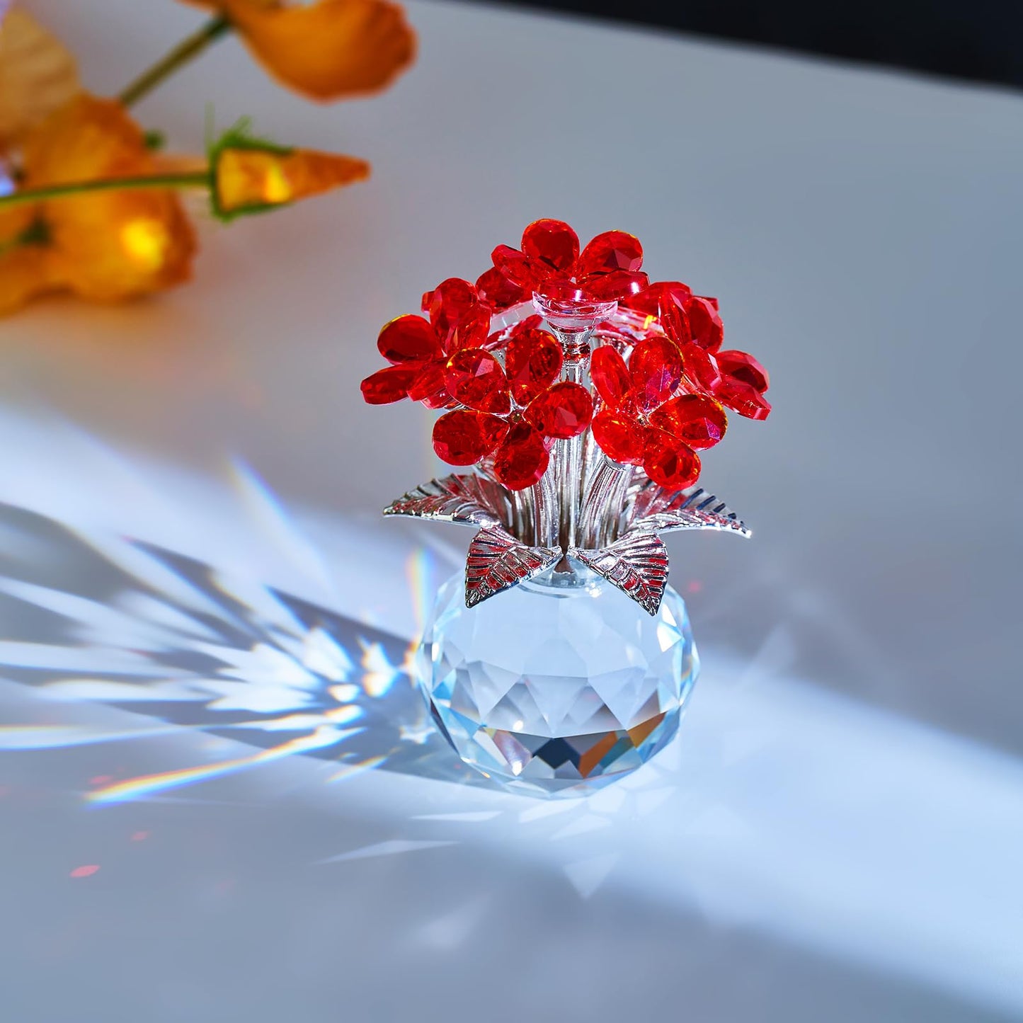 XLSJGYP Crystal Red Flower Decoration Glass Flowers Mother's Day Birthday Gifts for Women Girl Wife Girlfriend Daughter Ornament Bouquet Collectible for Valentine's Day Wedding (Red Flower 02)