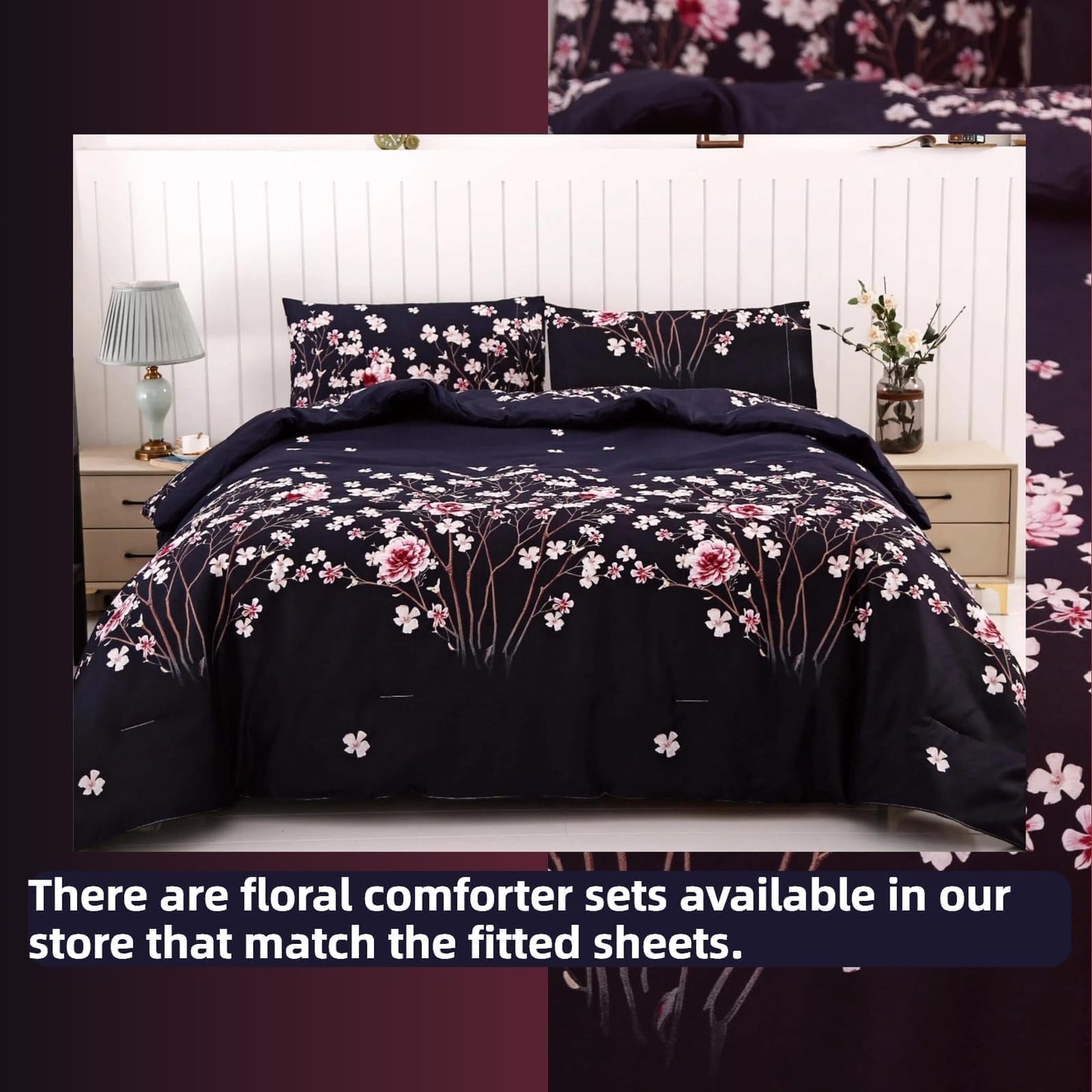 SDIII Navy Blue Floral Fitted Sheet Twin with 2 Pillowcase, Deep Pocket Soft Microfiber Dark Floral Twin Sheet All Season
