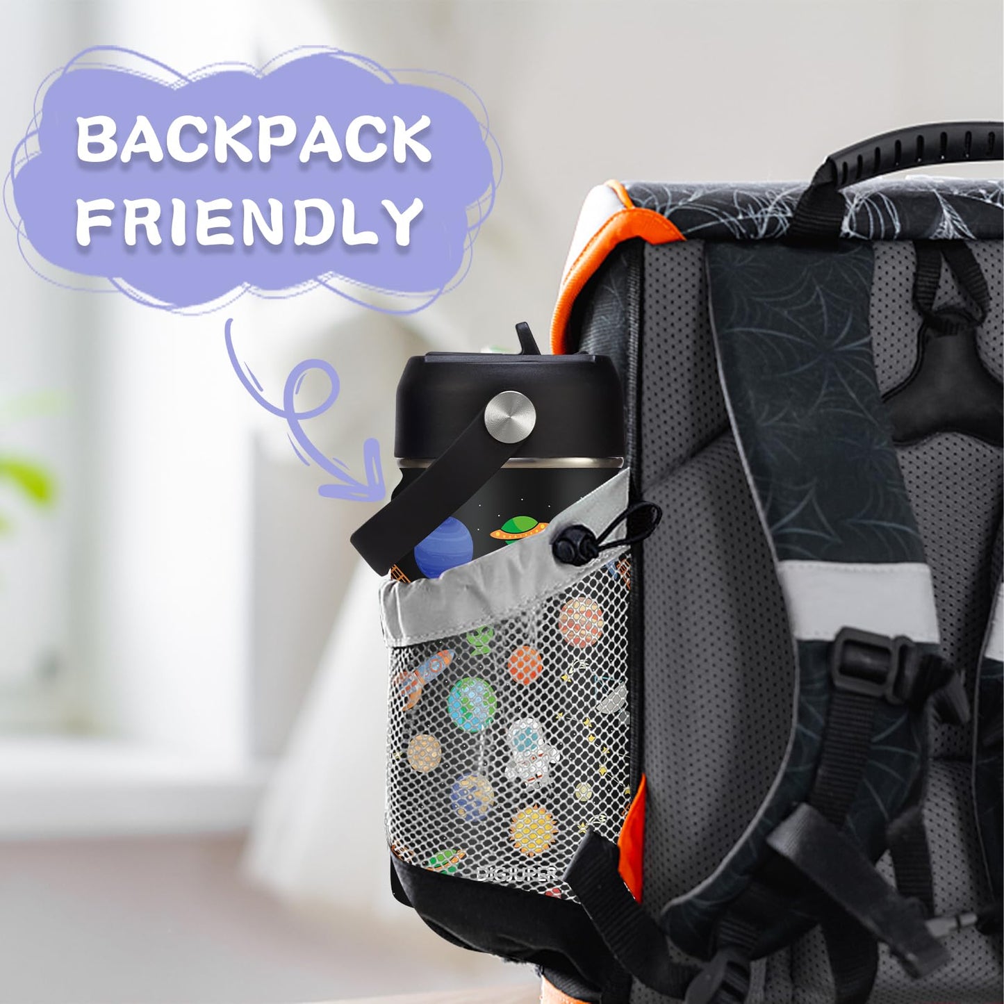 12 oz Kids Insulated Water-Bottle w/Straw - Cold-24h Hot-12h, Toddler Water Bottle Spill-proof & BPA-free, Stainless Steel Water Bottles Kids, Space Insulated Cup for School Camping Boys Girls Gift