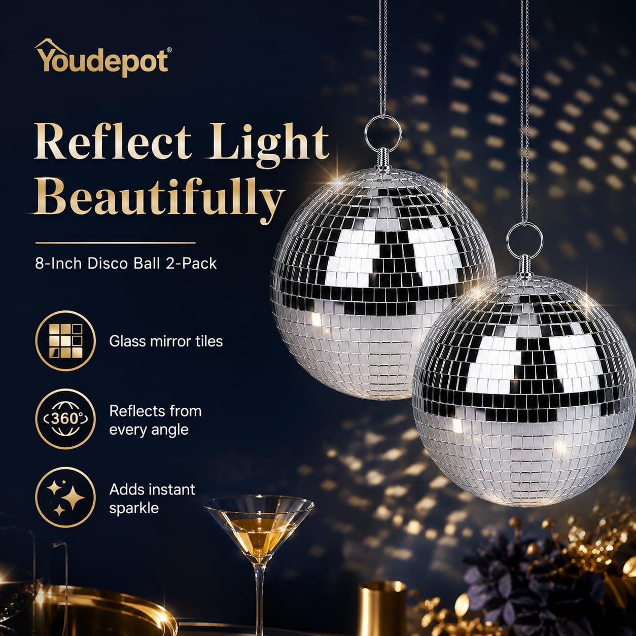 Youdepot 8-Inch Disco Ball 2-Pack – Silver Hanging Mirror Ball with String, Reflective Disco Ball Decorations for Weddings, Birthdays, Classrooms, Home, DIY, Indoor & Outdoor Events