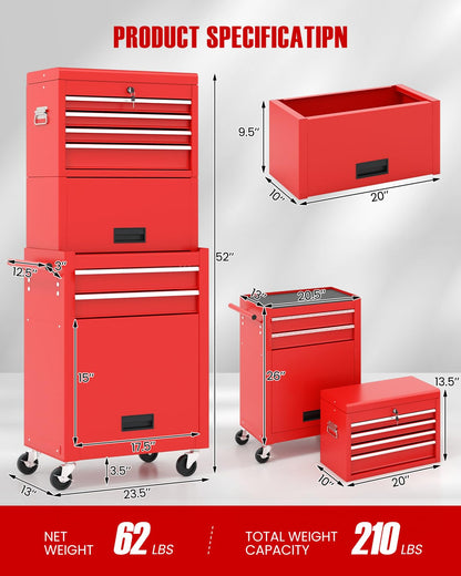 ARNOT 2-in-1 Rolling Tool Chest with 5 Drawers, Heavy-Duty Metal Tool Box with Wheels, Detachable Top Tool Box & Rolling Tool Cabinet for Garage, DIY (6-Drawers Whith Middle Box, Red)