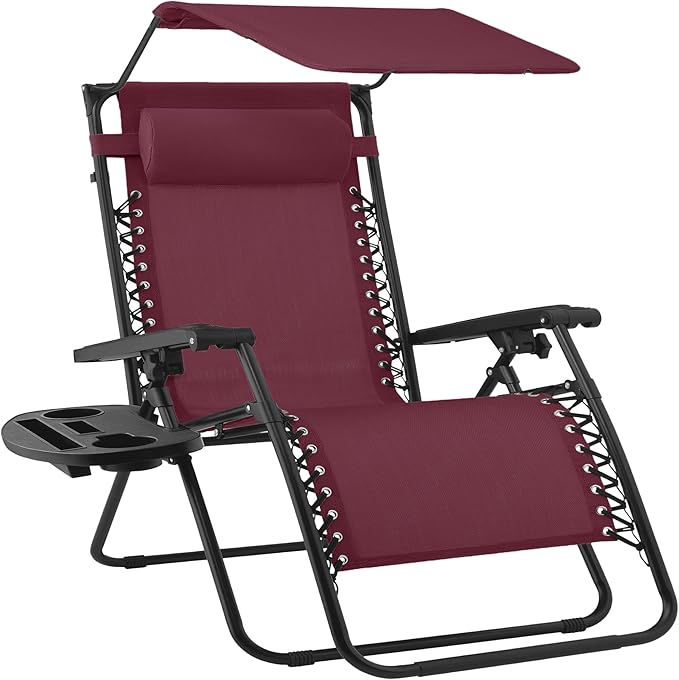 Best Choice Products 30” Wide Folding Zero Gravity Outdoor Recliner Patio Lounge Chair w/Adjustable Canopy Shade, Headrest, Side Accessory Tray - Burgundy