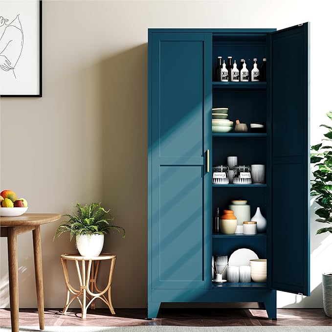 YAUWOH 71''Metal Cabinet with 4 Adjustable Shelves, 5-Tier Pantry Storage