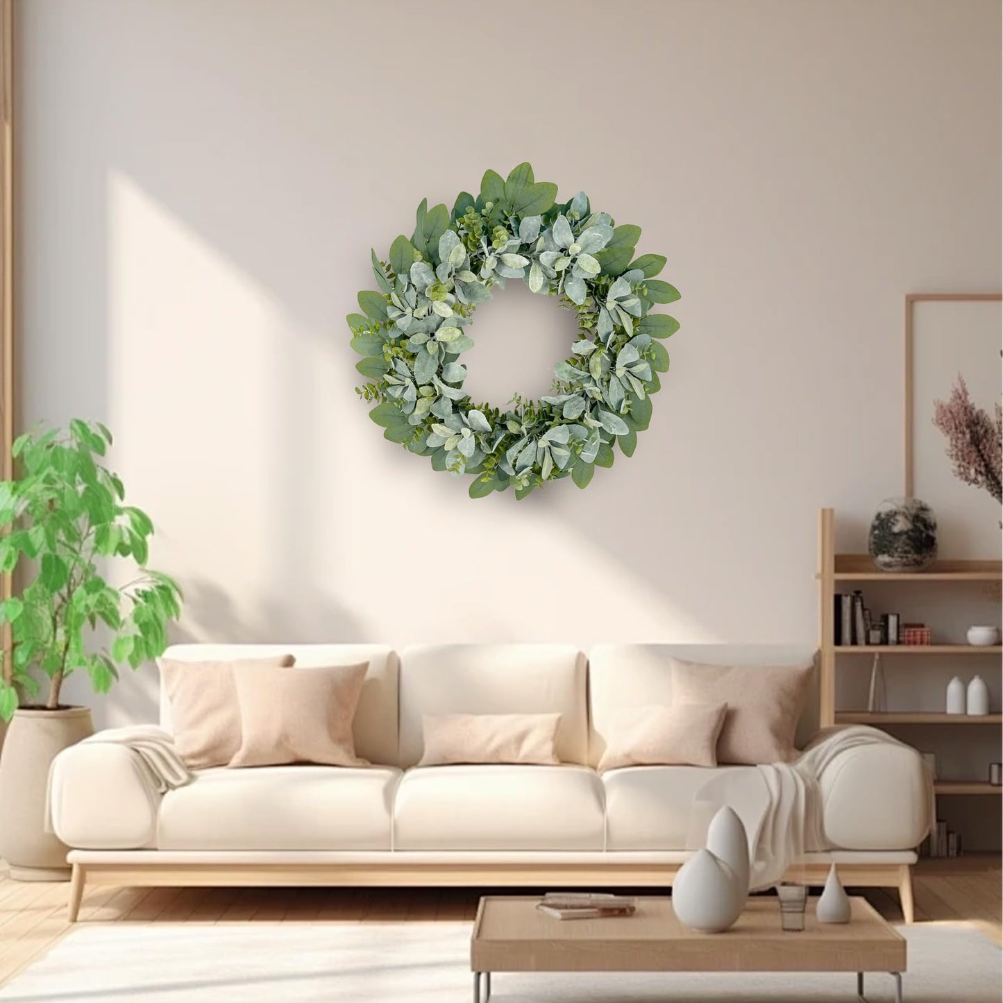 GOVIRAYE 24 Inch Flocked Lambs Ear Wreath for Front Door Outside, All Season Winter Farmhouse Door Wreath, Cozy Rustic Wall & Outdoor Decor