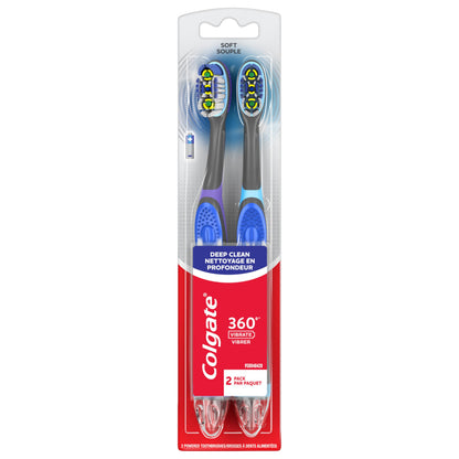 Colgate 360 Vibrate Charcoal Battery Operated Toothbrush Pack, Soft with 1 AAA Battery Included, Black, 2 Count