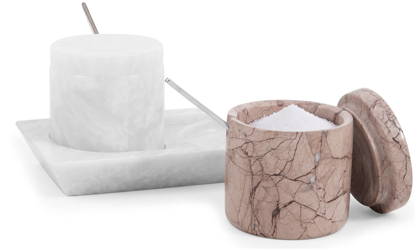 Radicaln Marble Salt Cellar with Lid and Tray 3" Inch White and Marinara Handmade Set of 2 Seasoning Jars For Kitchen Storage, Ideal Table Sugar Bowl & Salt Dish For Countertop