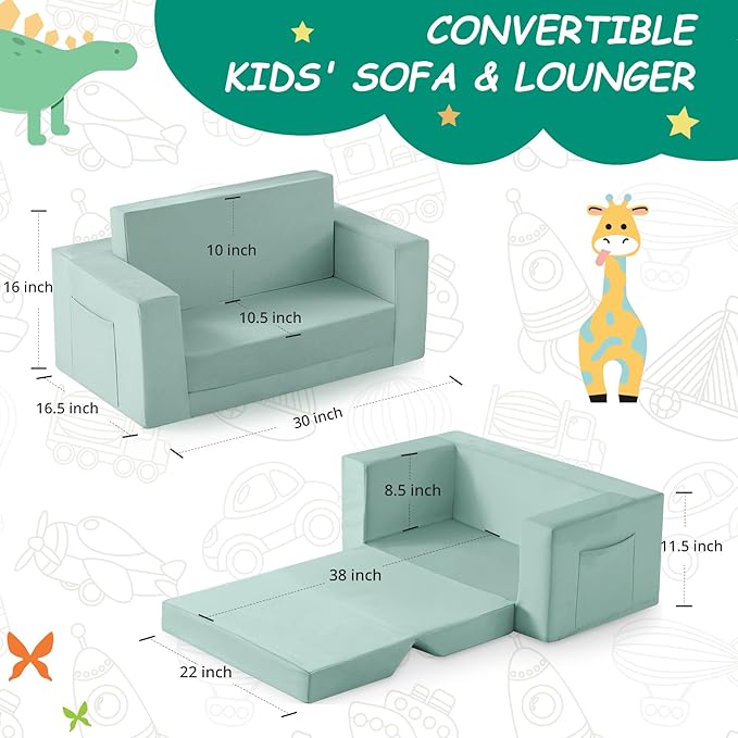 Kids Couch, 2-in-1 Toddler Chair Comfy 1-3 Years, Convertible Kids Chair