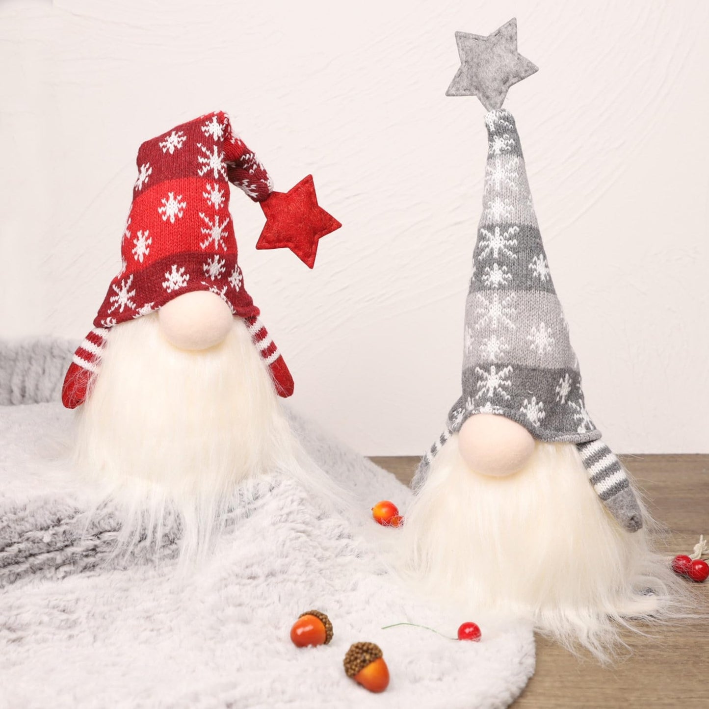 Juegoal 15" Lighted Christmas Gnome, Handmade Scandinavian Swedish Tomte, Light Up Elf Holiday Present, Battery Operated Winter Tabletop Christmas Decorations, 2 Set