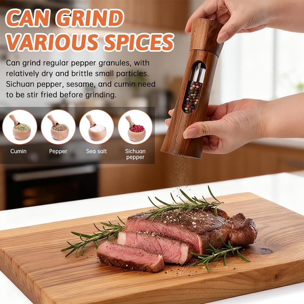Wooden Salt and Pepper Grinder Set, Manual Spice Mills with Wooden Spoon, Cleaning Brush,Stable Base Plate,8 Inch Refillable Salt and Pepper Mills Adjustable Coarseness