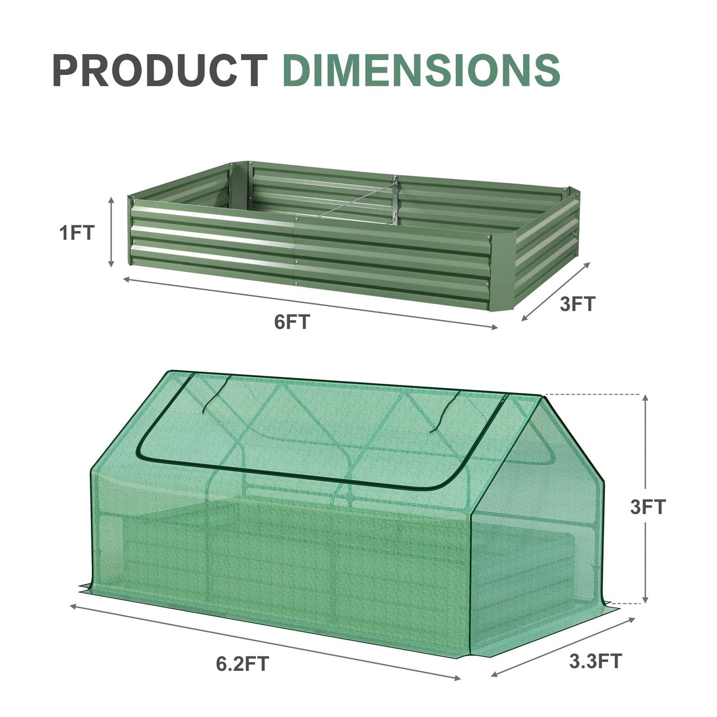 Aoodor 6 x 3 x 3 ft Raised Garden Bed with Mini Greenhouse Kit, Metal Planter Box with 2 Roll-Up Zipper Doors for Vegetables, Herbs, and Flowers