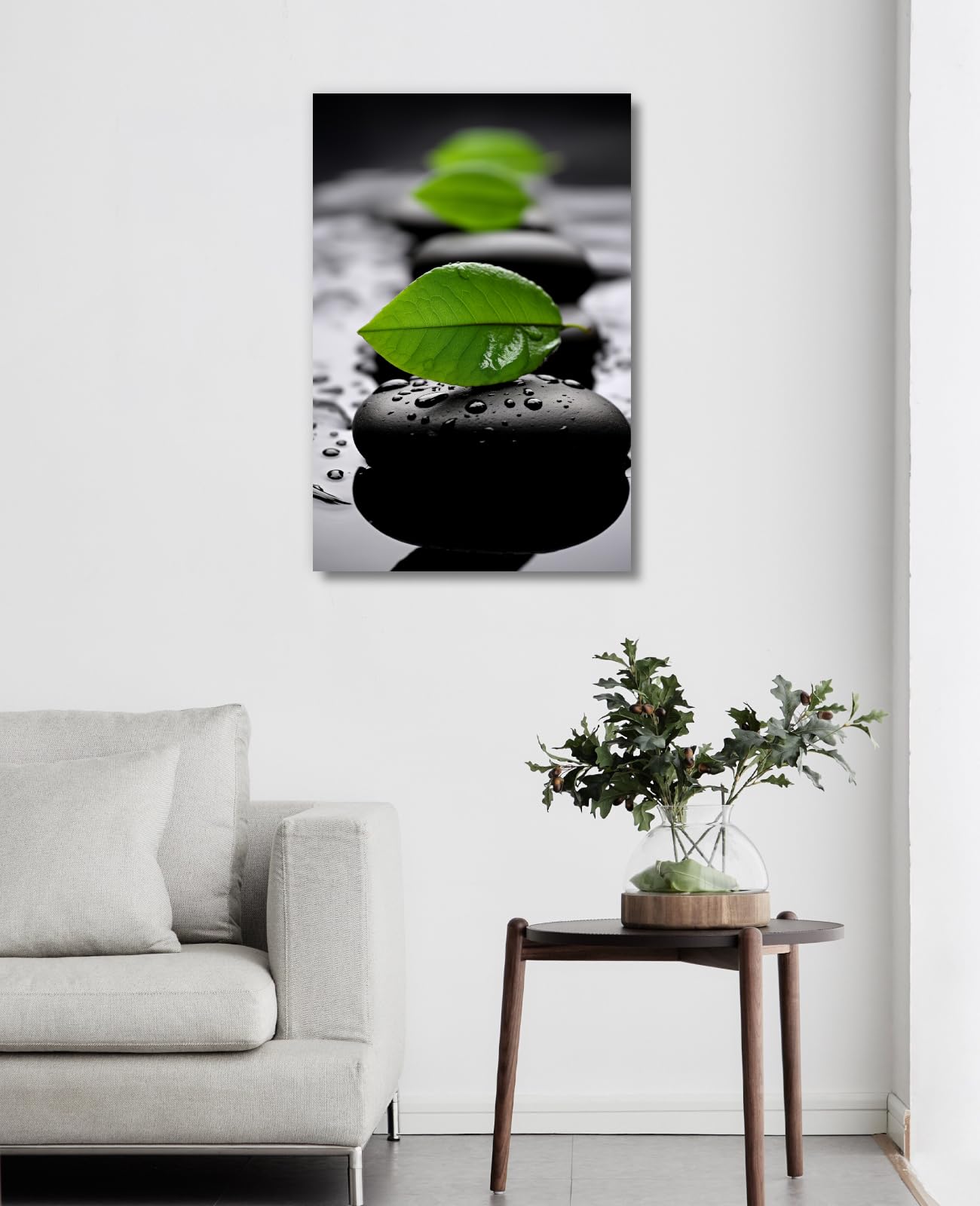 LYUNSHUO Zen Wall Art,Black SPA Stones Canavs Print Green Leaf Picture Spiritual Room Wall Decor Meditation Still Life Painting Framed Artwork for Bathroom Office Home Decor(Art-2,12.00"x18.00")