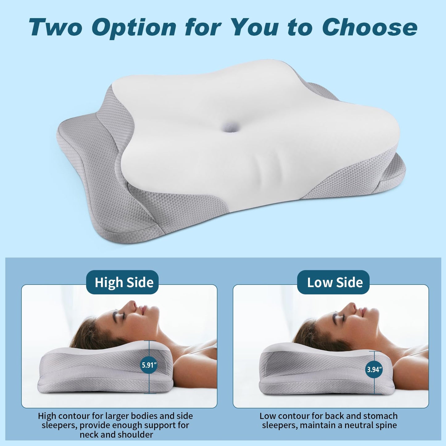 Cervical Neck Pillow for Pain Relief - Cooling Ergonomic Neck Support Pillow for Sleeping, Orthopedic Contour Memory Foam Pillows for Side, Back & Stomach Sleepers with Pillowcase (Grey)