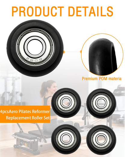 Aero Pilates Reformer Replacement Roller Set 4pcs. High-Performance Round Design, Smooth, Quiet Rollers, Easy to Install, Black