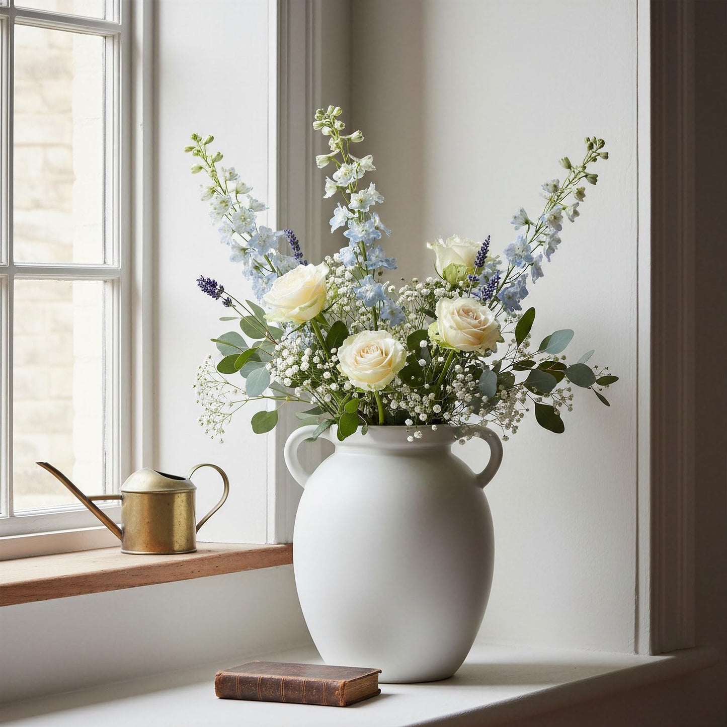 hjn Matte White Ceramic Jug Vase with Handles - Farmhouse Nordic Style Vase for Dried Fresh Flowers, Living Room Tabletop Home Decor (Pitcher-Shaped-8''dx9''h)