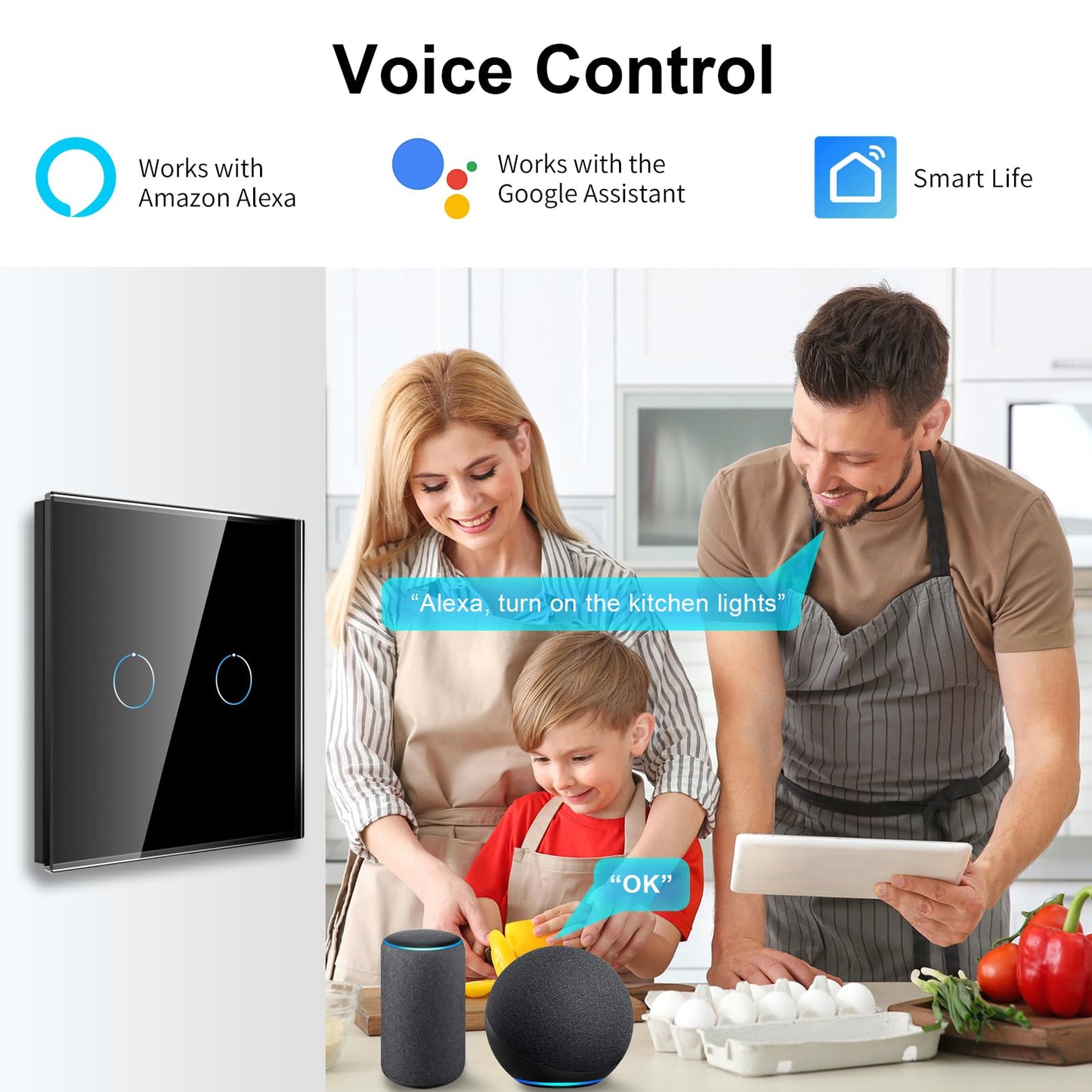 CNBINGO Smart Touch Light Switch with Glass Wall Plate and LED Backlight, No Neutral Wire Required, Works with Alexa, Google Assistant, Timing or Schedule