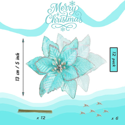 KEPATO Christmas Poinsettia Ornaments Ice Blue, 12 Pcs 6" Artificial Flowers, Glitter Teal Blue Christmas Tree Decorations for Winter Wonderland Theme