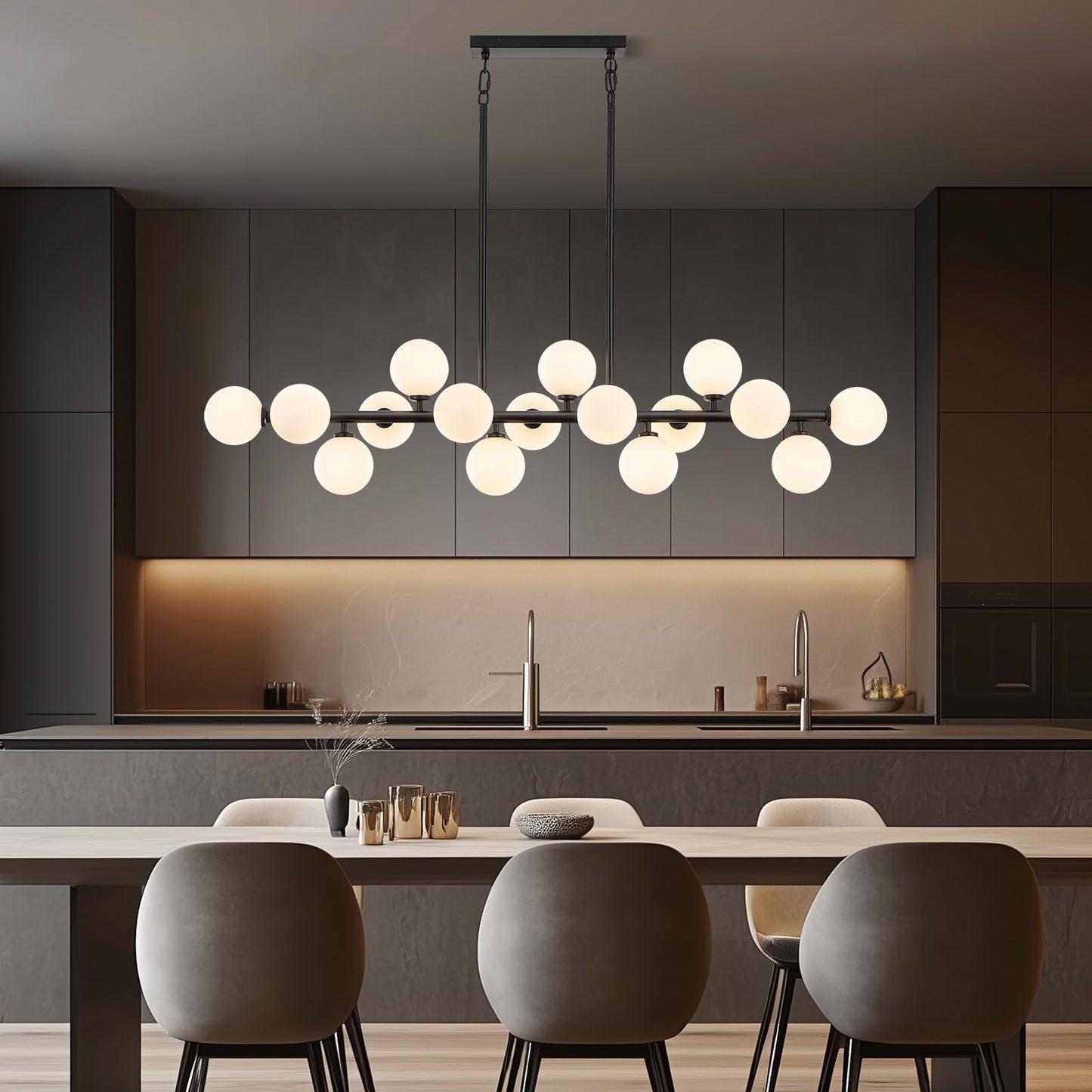 Wystco 56 Inch Black Linear Chandeliers for Dining Room, Kitchen Island, Living Room, 16-Light Mid Century Modern Light Fixture Over Table, Large Milk White Glass Globe Sputnik Bubble Chandelier