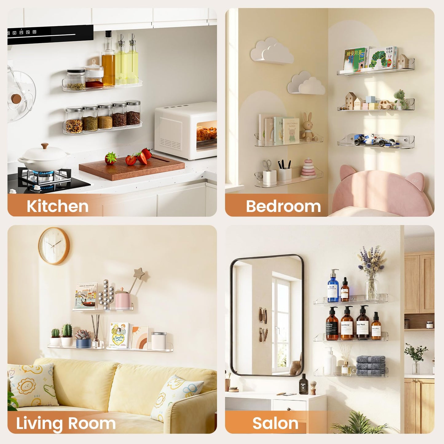 SpaceWhisper Floating Shelves for Wall, 6-Pack 15" Wall Shelves for Bathroom, Bedroom, Kitchen, Living Room, Display Hanging Shelf Organizer for Book, Picture Ledge, Figure Storage, Room Decor (Clear)