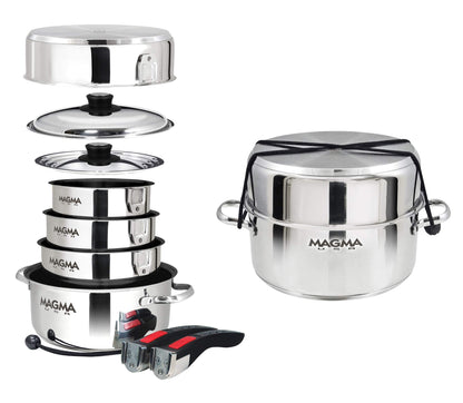 Magma 10 Piece Gourmet Nesting Stainless Steel Cookware Set with Ceramica Non-Stick, Induction Compatible, Oven Safe to 500°F - Suitable for All Stovetops, Removable Handles, Silver