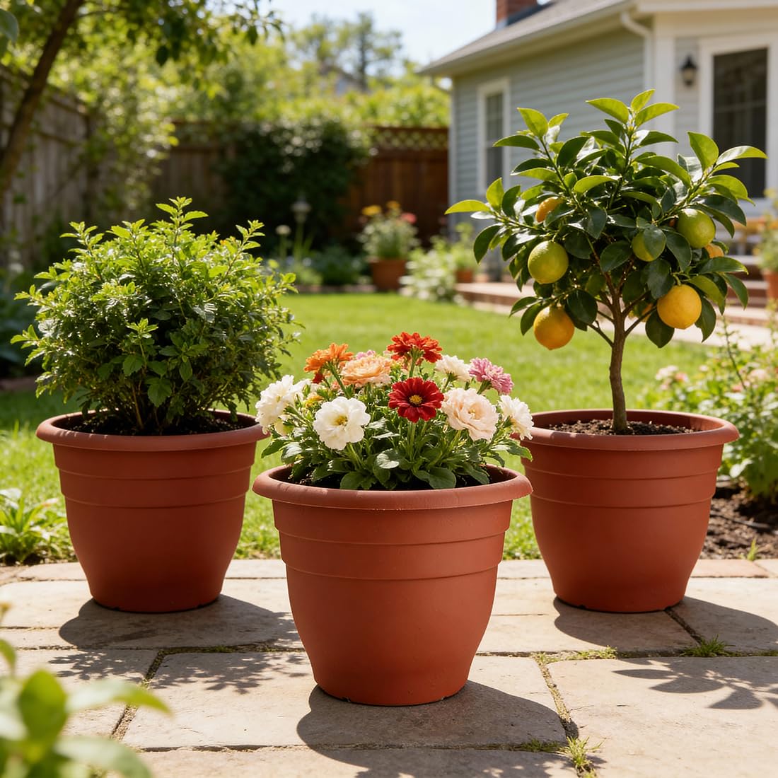 RooTrimmer 3 Pack Large 16 Inch Plastic Plant Pots for Outdoor Plants,Durable & Lightweight Flower Pots with Drainage Holes,Weather-Resistant Large Planters for Patio Garden(Brick Red)