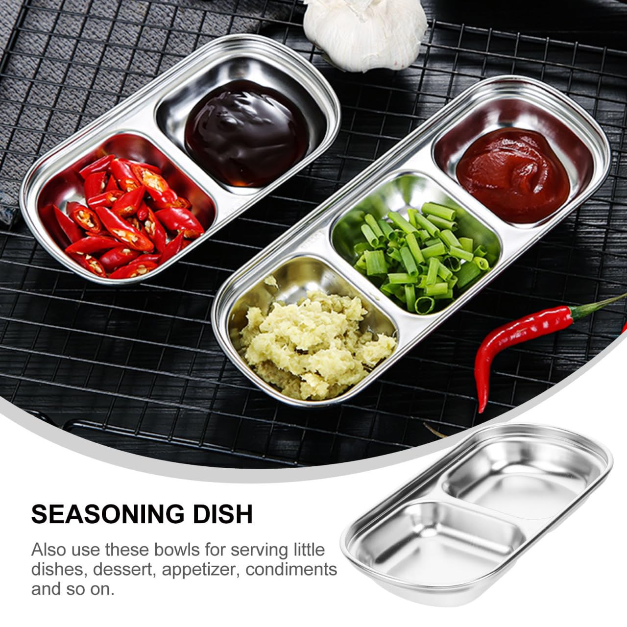 Hemoton 3Pcs Stainless Steel Seasoning Dishes,2 Grid Dipping Sauce Dishes Rectangle,Appetizer Plates,Dipping Sauce Bowl for Soy Vinegar BBQ-Chip and Condiments