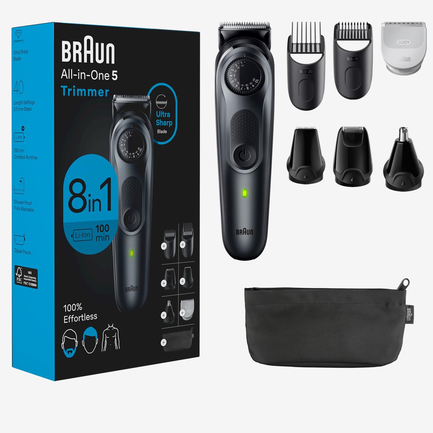 Braun All-in-One Style Kit Series 5 5470, 9-in-1 Trimmer for Men w/Beard Trimmer, Body Trimmer for Manscaping, Gillette Fusion5 ProGlide Razor, 40 Length Settings, Rechargeable Battery, Cordless