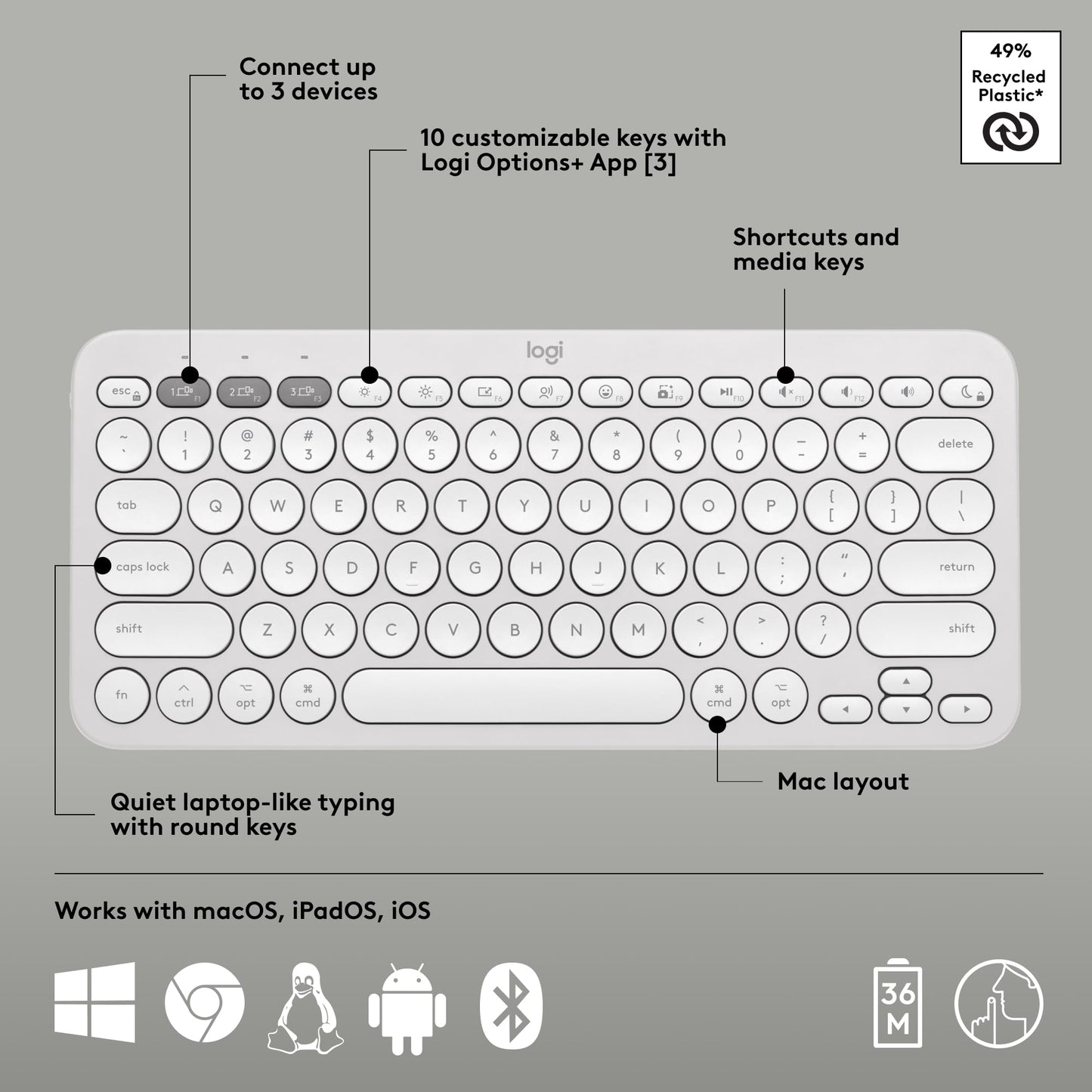 Logitech Pebble Keys 2 K380s, Multi-Device Bluetooth Wireless Keyboard with Customizable Shortcuts, Slim and Portable, Easy-Switch for Windows, macOS, iPadOS, Android, Chrome OS - Tonal Graphite