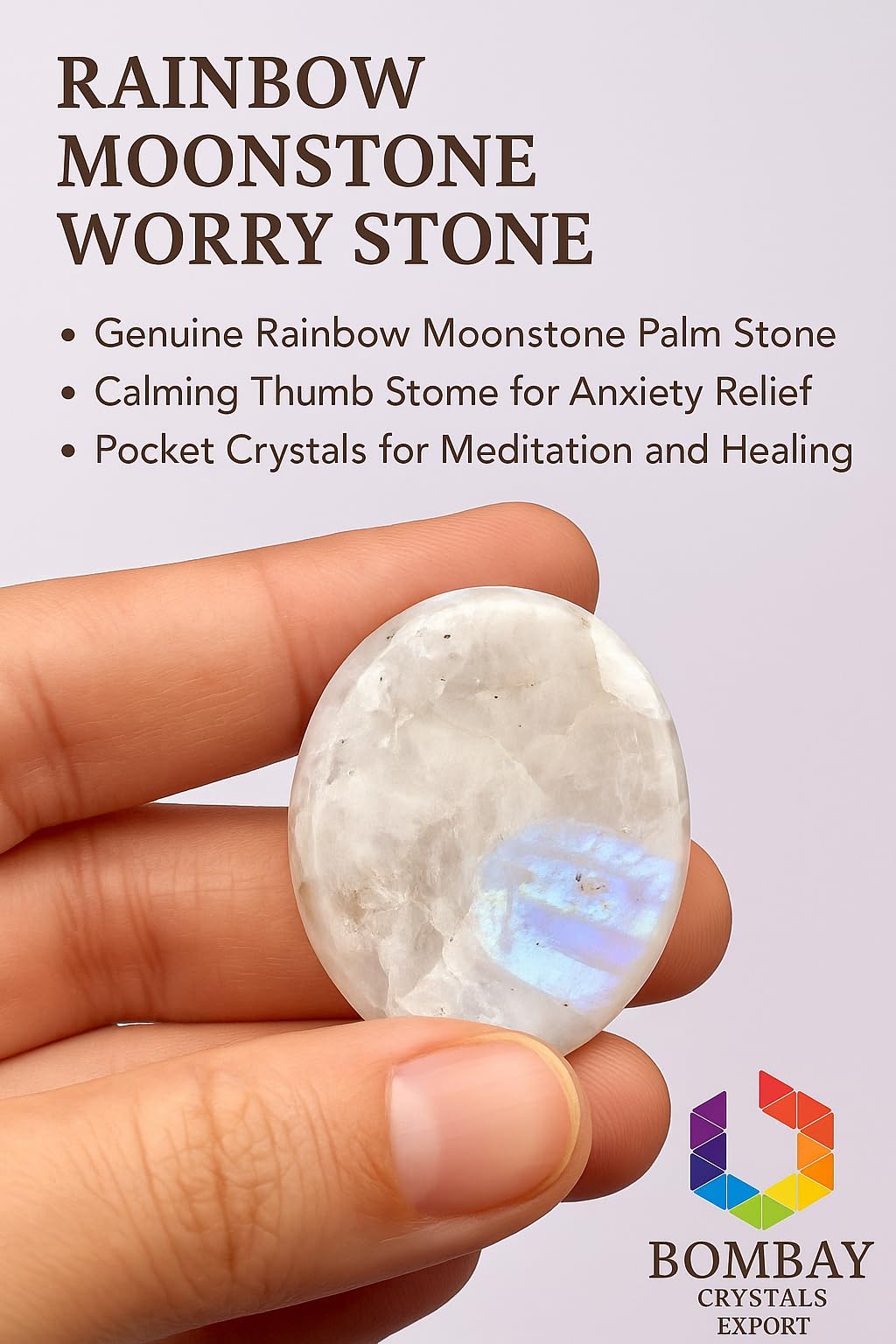 Natural Polished Thumb Palm Crystal for Meditation, Rainbow Moonstone Worry Stone for Stress Relief, Anxiety Support & Pocket Reiki Healing
