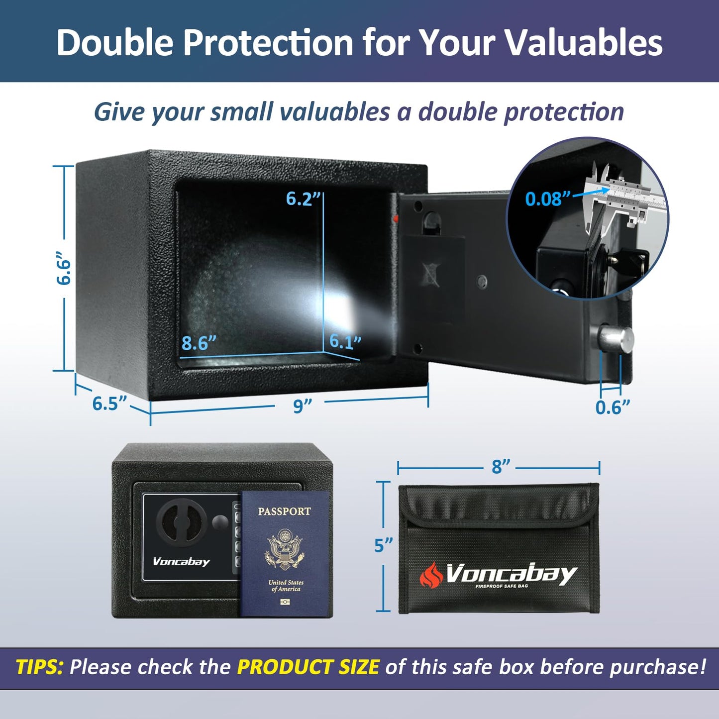 Voncabay Money Safe Box for Home with Sensor Light & Fireproof Money Bag - 0.23 Cubic Feet Security Safe Box with Digital Keypad, Keys & Pass Code Lock Black