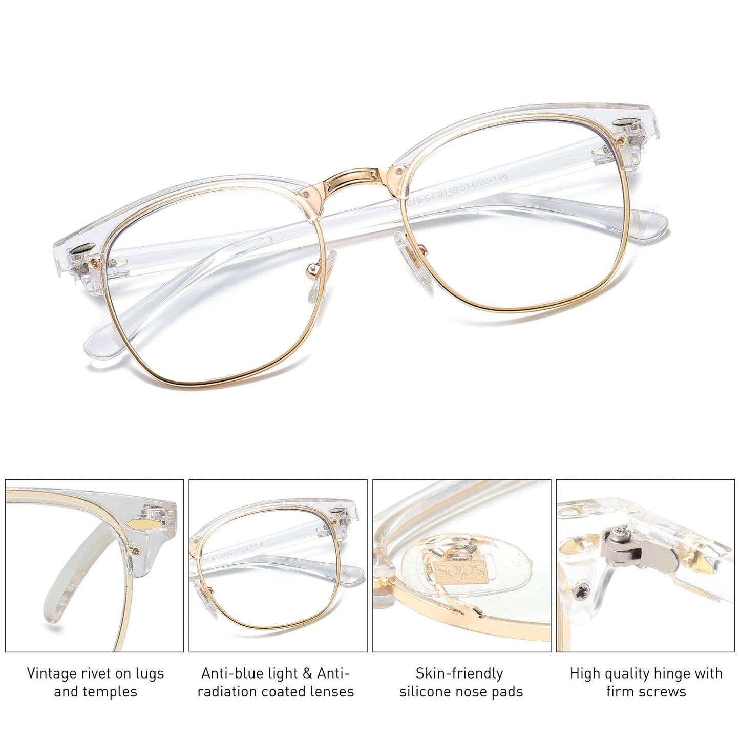 SOJOS Retro Semi Rimless Blue Light Blocking Glasses Half Horn Rimmed Eyeglasses SJ5018, Clear Frame/Gold Rim