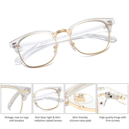 SOJOS Retro Semi Rimless Blue Light Blocking Glasses Half Horn Rimmed Eyeglasses SJ5018, Clear Frame/Gold Rim
