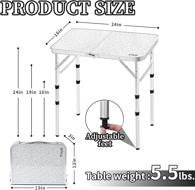 Yriuat Folding Camping Table 2ft Portable Picnic Table Adjustable Height Small