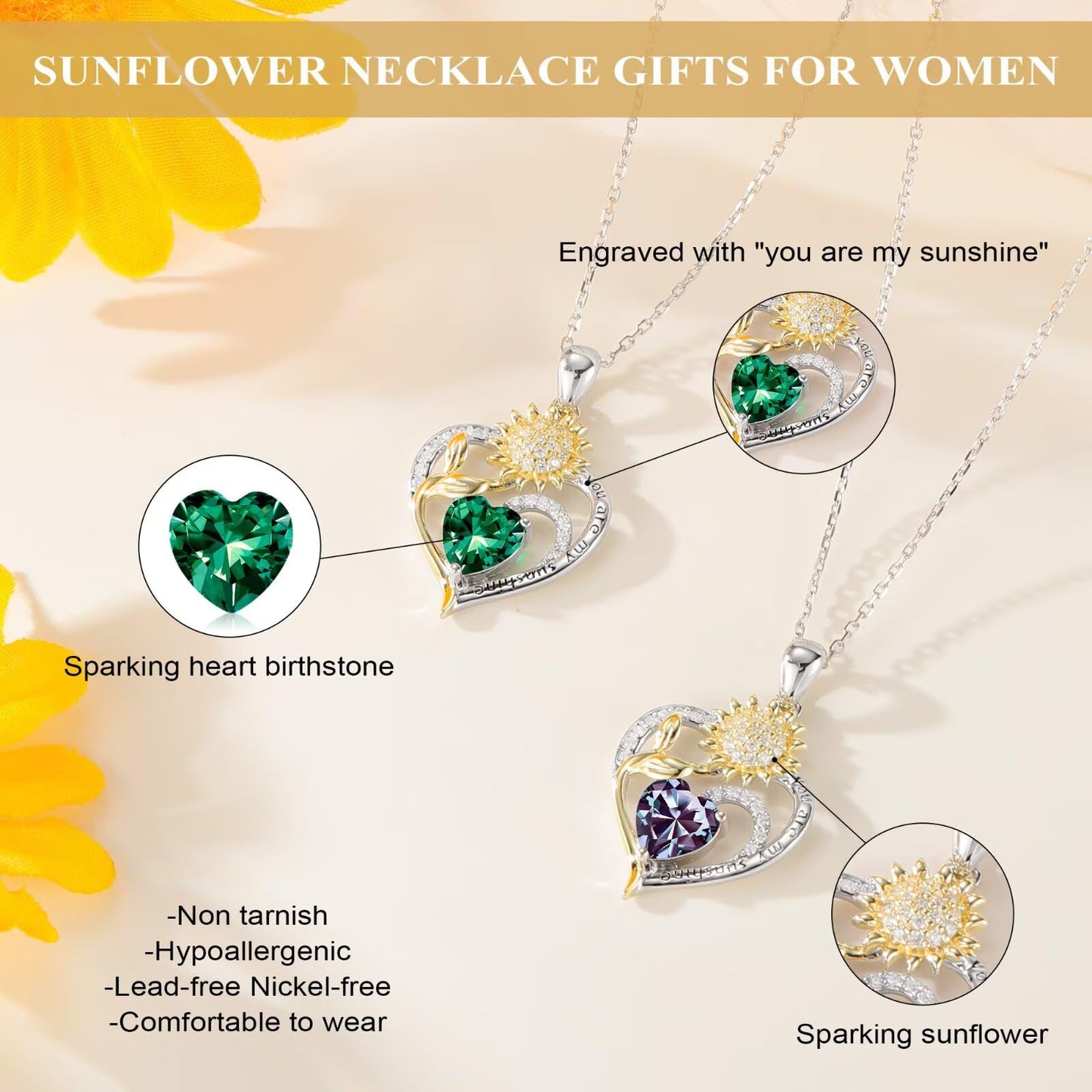 Iefil Sunflower Gifts for Women - Sunflower Necklace February Simulated Amethyst Necklace Anniversary Valentine's Day Jewelry Gifts Birthstone Jewelry for Women Wife Her