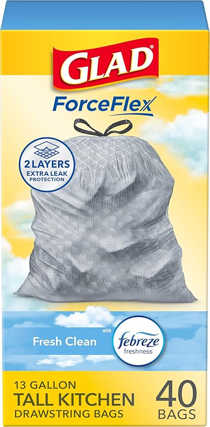 Glad ForceFlex Tall Kitchen Trash Bags, 13 Gallon, Fresh Clean