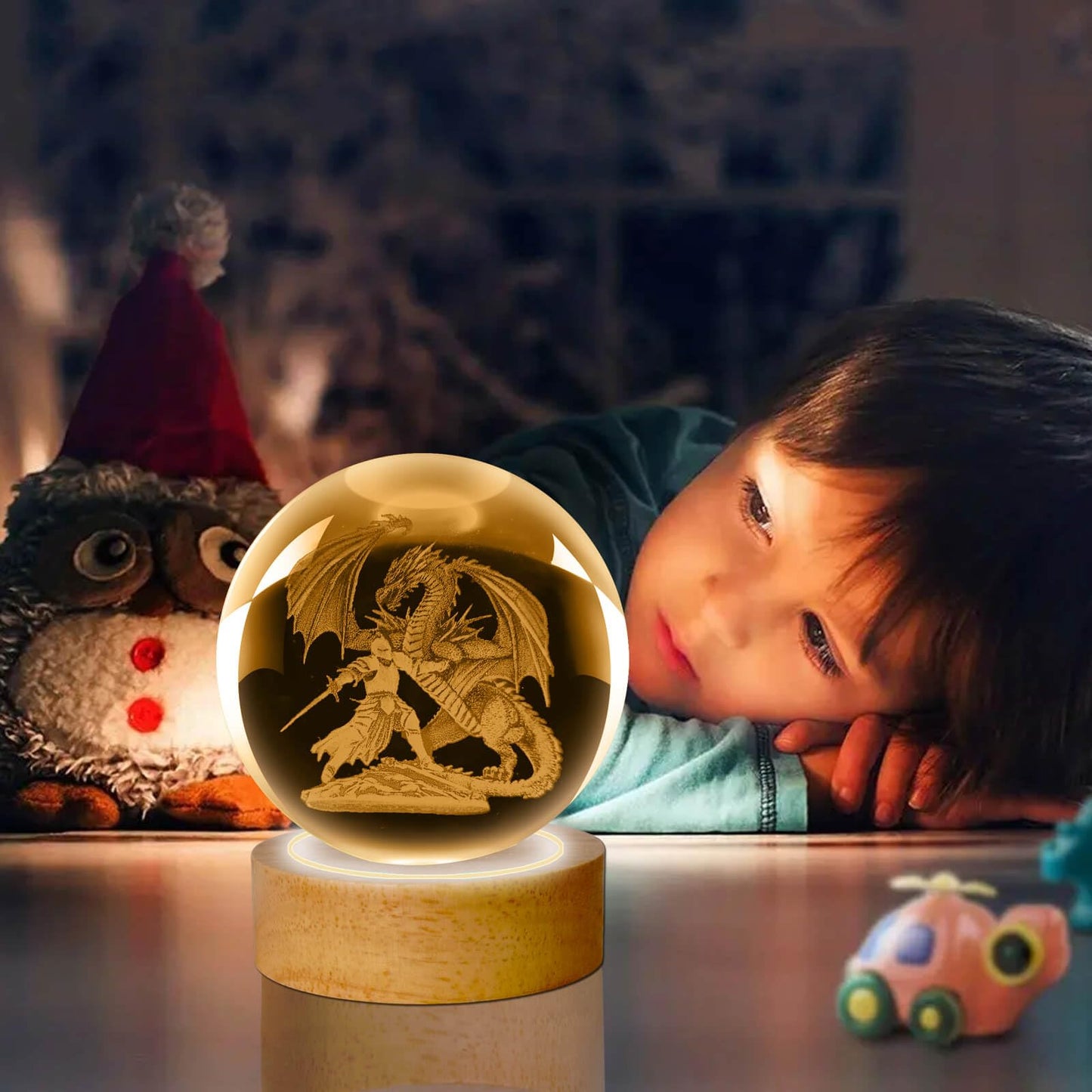 LINSINA 3D Dragon and Knight Lamp, 3.15in 16 Colors Crystal Ball Night Light with Wooden Base and Remote Control, Birthday Gift and Dragon Gifts for Women Men Kids