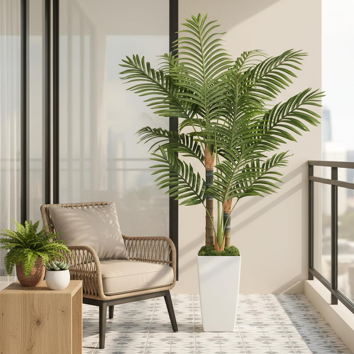 5ft Artificial Palm Tree Indoor Plant，Triple Faux Tropical Areca Floor Plant in Pot，Artificial Plants with Lifelike Leaves for Home Office Decor