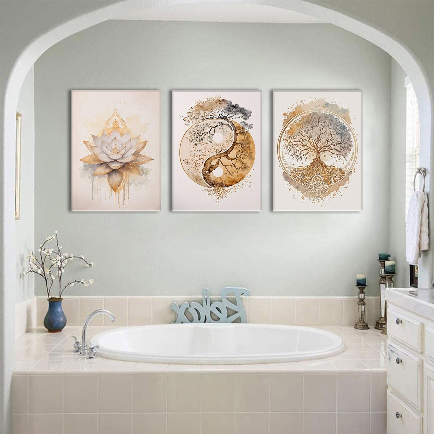 AOYUSMO 3 Piece 3 Piece Tree of Life Wall Art Zen Wall Decor Yoga Room Canvas Art Modern Gold Lotus Flower Pictures Spiritual Meditation Paintings Spa Artwork For Living Room Bathroom