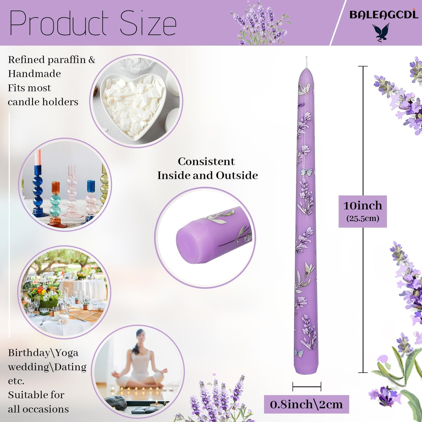 Printed Taper Candle - Baleagcdl Purple with Lavender Floral Long Candlesticks Handmade 10 Inch Drip Candle Sticks for Wedding Dinner Decor Holiday Gifts Set of 2