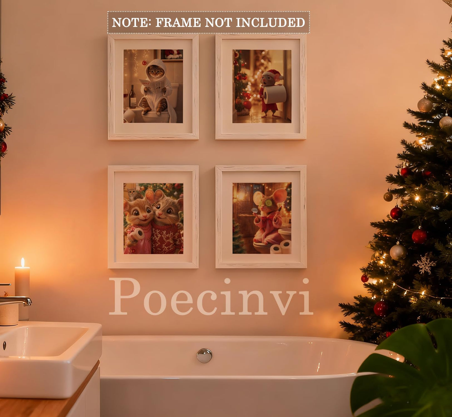 Poecinvi Funny Christmas Bathroom Wall Art Prints Set of 4, Christmas Bathroom Decor, Cute Cat Mouse Animal Xmas Posters Pictures Wall Decor for Kids Bath Room Washroom, 8x10 Unframed