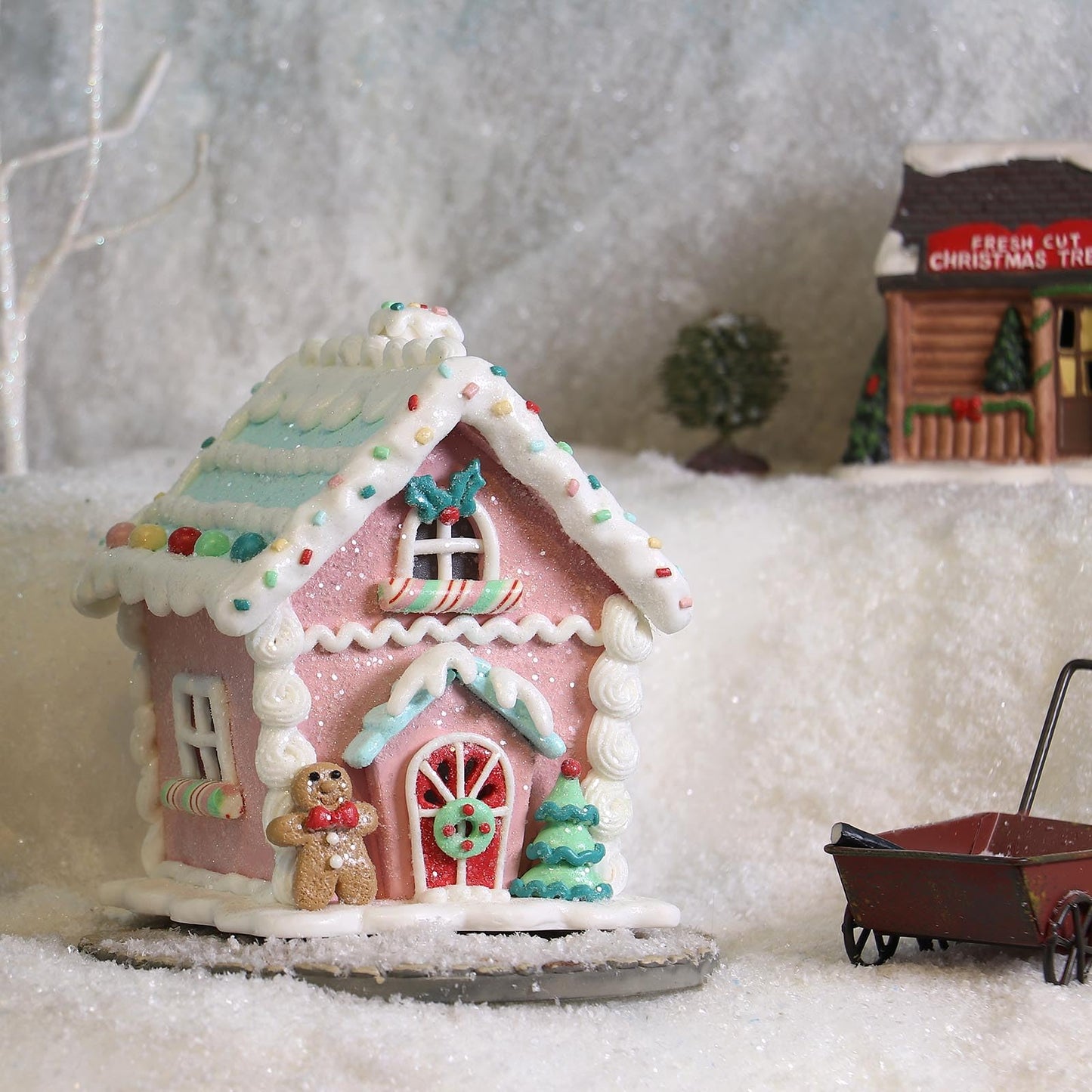 Season 2 Season Christmas Decorations 5.9" LED Gingerbread House Xmas Village Ornaments with Gingerbread Human Cookie and Christmas Pine Tree for Home Decor Holiday Decor