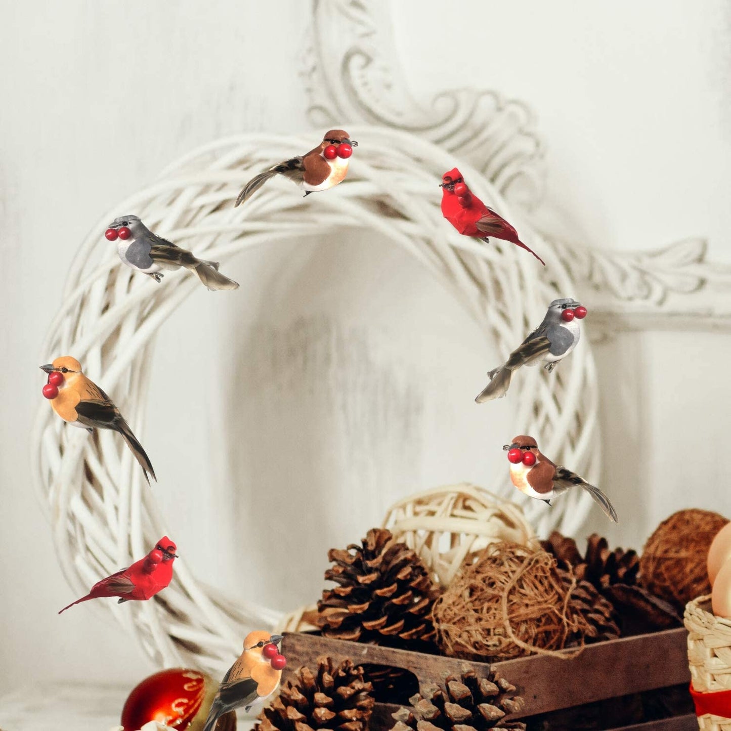 Feathered Song Bird Clip-On Christmas Ornaments - Set of 8 Assorted Styles of Birds with Metal Clips - Cardinals Orioles Finches Chickadees - $2.12 Each - Carrying Red Berries - Measures 4"W