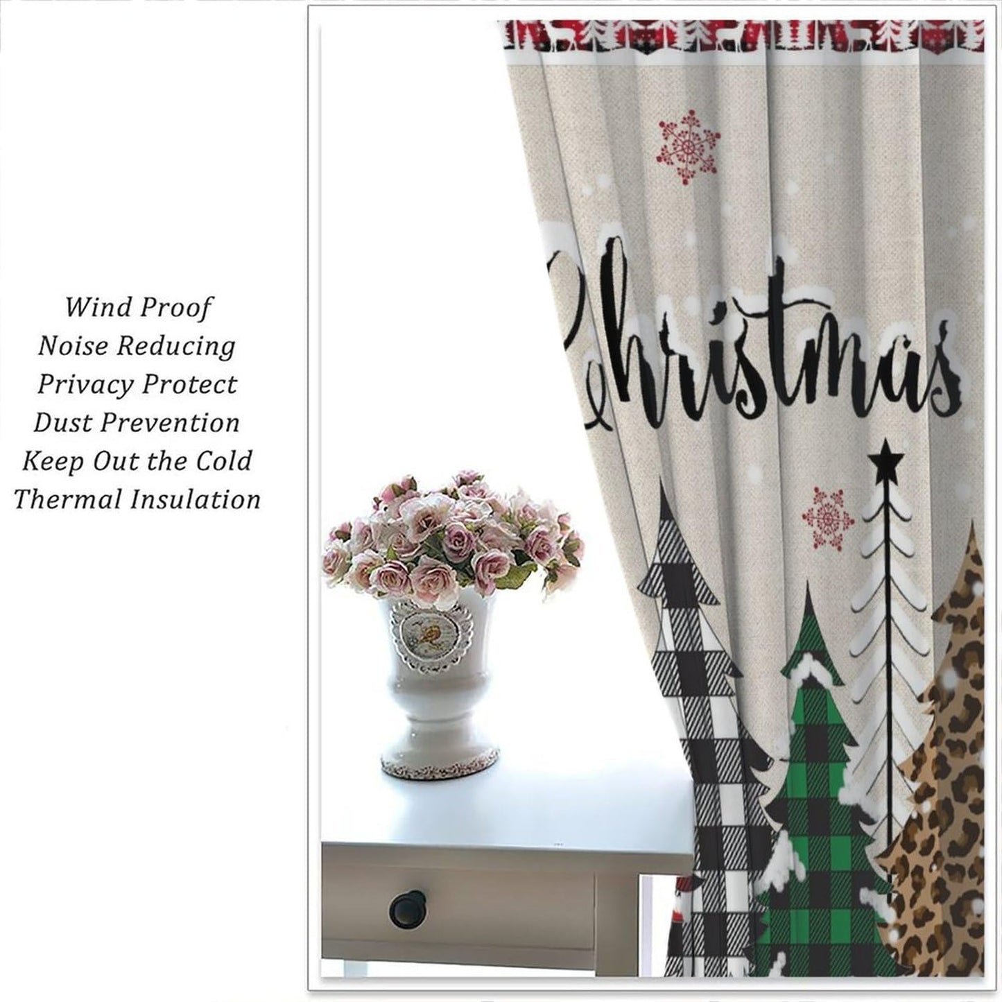 Christmas Tree Curtain Farmhouse Buffalo Plaid Xmas Tree Winter Cabin Snowflake Holiday Window Treatment for Living Room Bedroom Kitchen Cafe Study Dinin Merry Christmas Decor Window Drapes 42"W X 45"