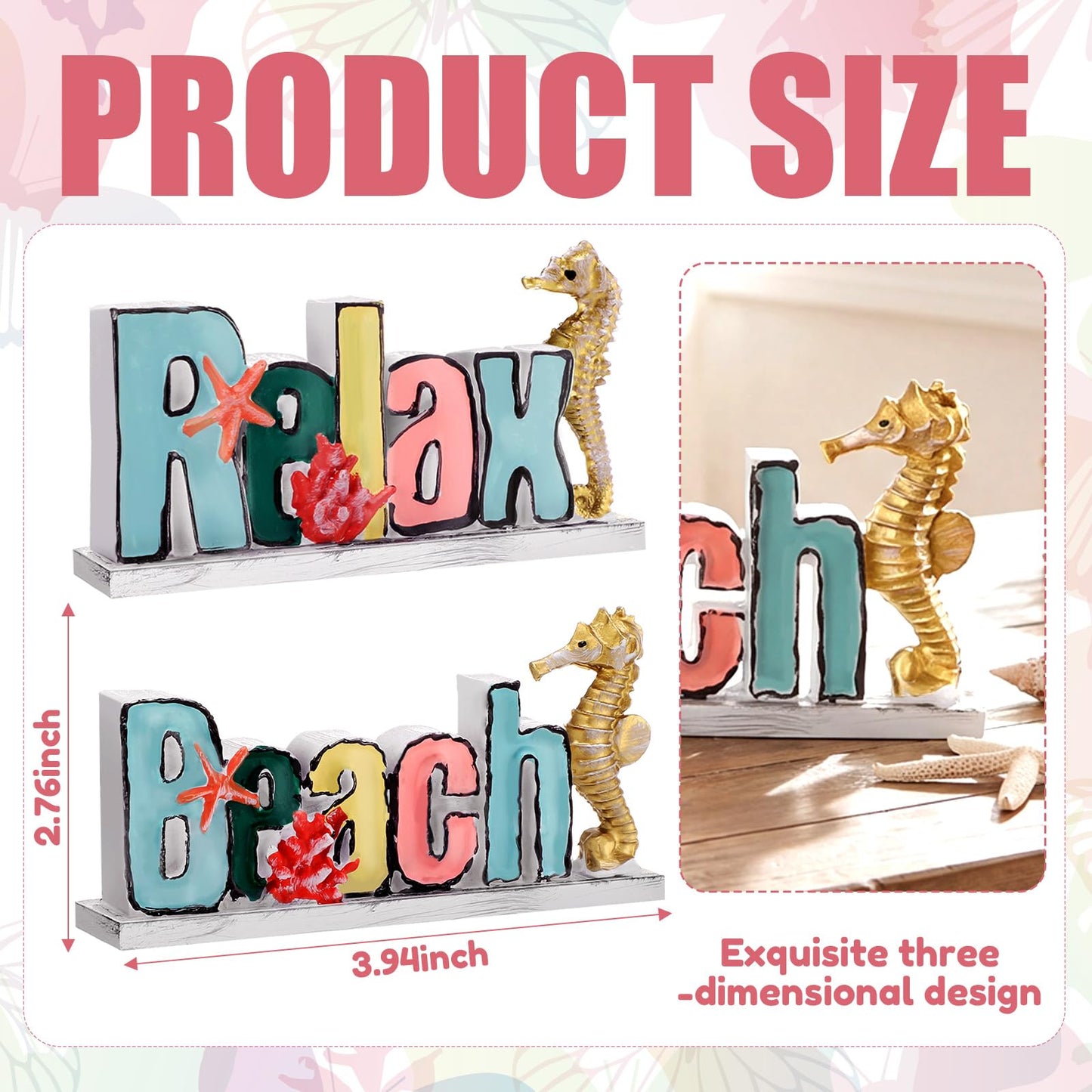 Novabright 2 Pcs Resin Beach Relax Sign, 3.9" Beach Decorations for Home with Seahorse Starfish Coastal Tabletop Figurines for Bathroom Desk Shelf Ocean Theme Home Decoration
