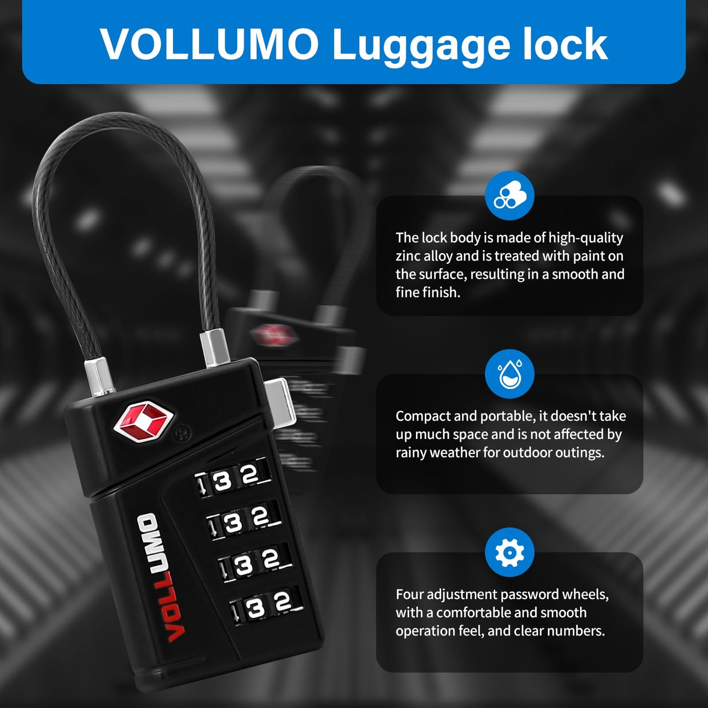 Vollumo TSA Approved Luggage Lock, 4-Digit Combination Cable Lock, Heavy Duty Travel Suitcase Lock with Flexible Steel Cable, for Backpack, Locker, Bag(Black（2-Pack）)