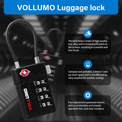 Vollumo TSA Approved Luggage Lock, 4-Digit Combination Cable Lock, Heavy Duty Travel Suitcase Lock with Flexible Steel Cable, for Backpack, Locker, Bag(Black（2-Pack）)