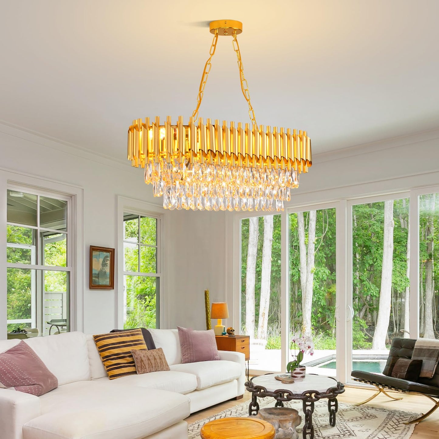 AKDXIRUN Modern Crystal Chandeliers for Dining Room 8-Light Rectangular Gold Crystal Chandelier Living Room Oval Contemporary Linear Pendant Light Fixture for Kitchen Island Bar Restaurant L32