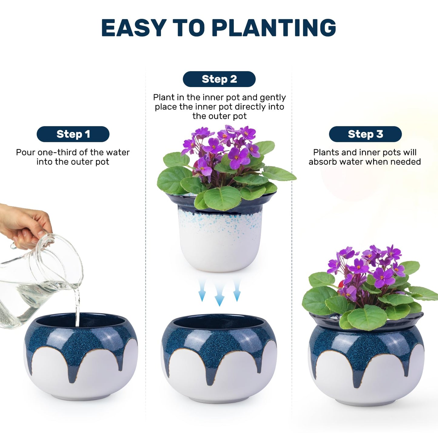 LITUDISO African Violet Pots, 6 Inch Self Watering Pots for Indoor Plants, Easy Plant Self Watering Planter, Ceramic Plant Pot with Absorbent Inner Pot for Flowers - Gradient Blue (No Plants)