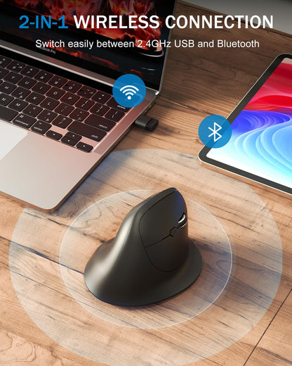 Bluetooth and 2.4GHz Ergonomic Mice, 2 in 1 Wireless Mouse with 3 DPI Levels, Rechargeable Computer Mouse with USB Receiver and Type C Adapter for Laptop, Desktop, Windows, Mac OS, Black