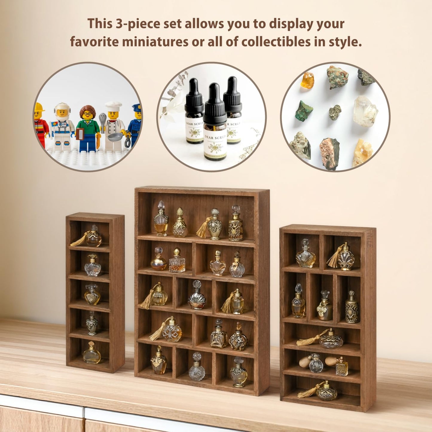 Ikee Design 3 Pcs Set Wall-Mounted Wooden Shadow Cubby Box Display Shelf with 24 Compartments Storage Display Case for Collectibles, Trinkets, Mini Figures, Brown Color, 19.9W x 2.3D x 14.8H in